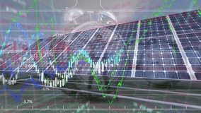 Animation of globe, alarm clock and financial data and graphs over solar panels. Global eco power, green energy and eco awareness concept digitally generated video. - Powered by Shutterstock - Get 15% off with code: PIKWIZARD15