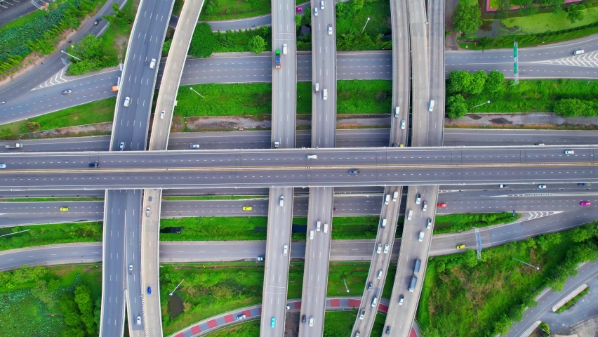 Stunning drone aerial view shot above interchange traffic. 4K drone. traffic in thailand
 Royalty-Free Stock Footage #1093511715