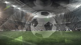 Animation of caucasian male soccer player with football over stadium. Global sport, patriotism and digital interface concept digitally generated video.