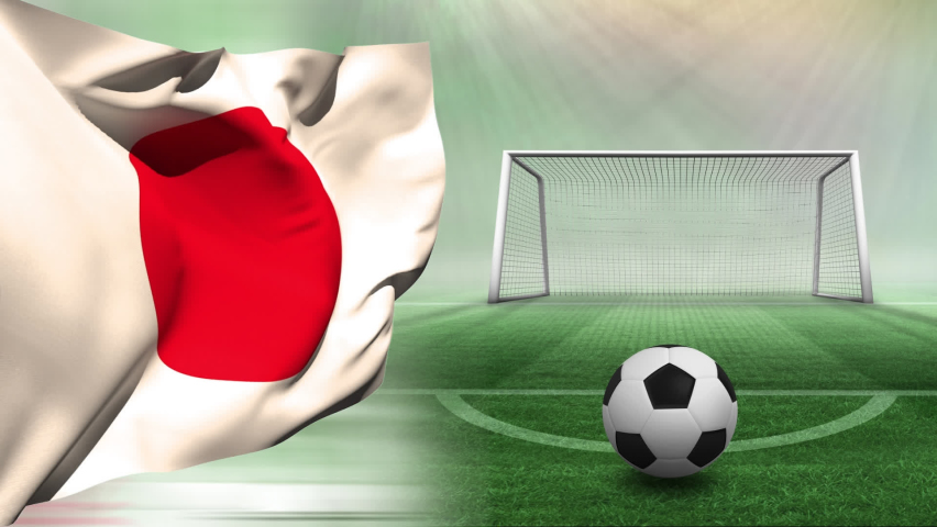 Animation of flag of japan and football over stadium. Global sport, patriotism and digital interface concept digitally generated video.