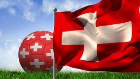 Animation of flag of switzerland and football over stadium. Global sport, patriotism and digital interface concept digitally generated video.