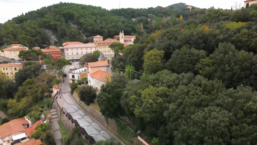 Scenic aerial view of Livorno landscape from Montenero hill. Tuscany, Italy in autumn