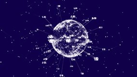 Animation of data processing and globe with network of connections on black background. Global business, computing and digital interface concept digitally generated video.