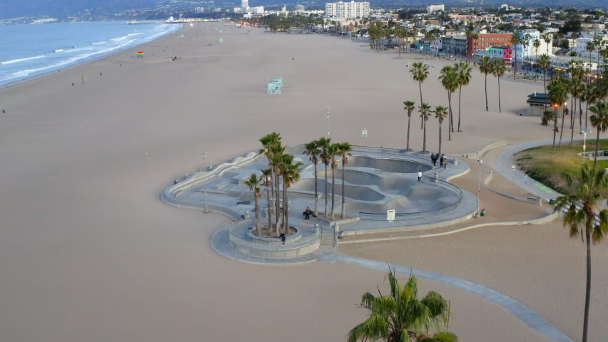 Aerial Forward Shot Of Skate Park At Beach In City - Los Angeles, California