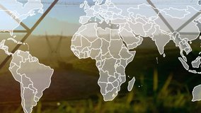 Animation of world map over electricity poles at sunset. Global energy, electricity and finance concept digitally generated video. - Powered by Shutterstock - Get 15% off with code: PIKWIZARD15
