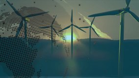 Animation of globe and data processing over wind turbines at sunset. Global green energy, eco power and finance concept digitally generated video. - Powered by Shutterstock - Get 15% off with code: PIKWIZARD15