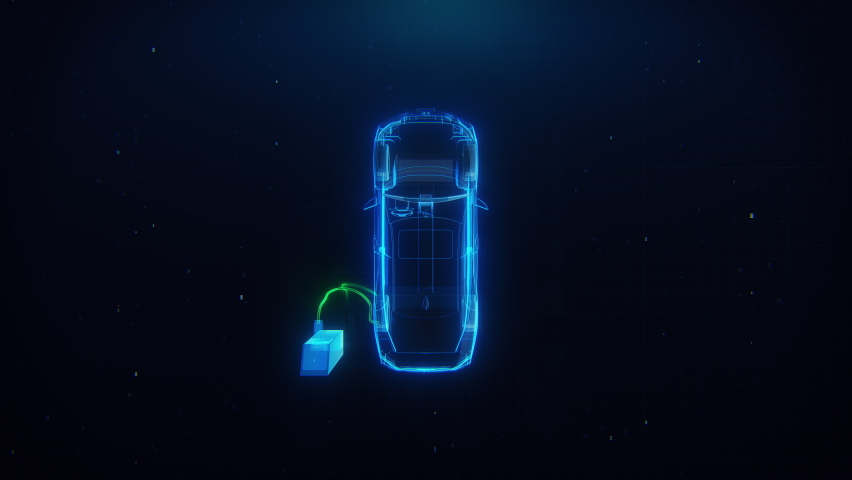 Top View Of Electric Car Charging At Charging Station. Blue Glowing Hologram Icon. Electric Vehicle Green Battery Indicator Showing An The Progress Of Charging. Concept Of Green Energy And Eco Power Royalty-Free Stock Footage #1093530365