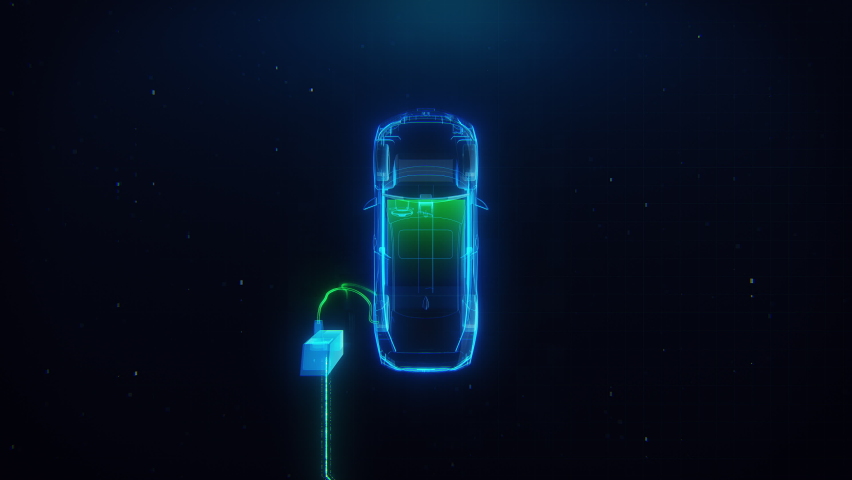 Top View Of Electric Car Charging At Charging Station. Blue Glowing Hologram Icon. Electric Vehicle Green Battery Indicator Showing An The Progress Of Charging. Concept Of Green Energy And Eco Power Royalty-Free Stock Footage #1093530365