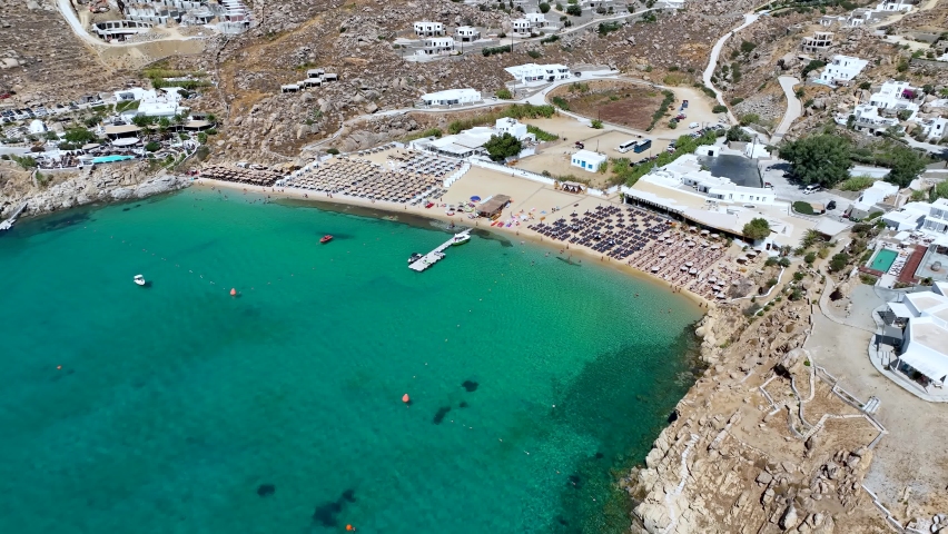 Aerial view of the beautiful Super Paradise Beach at Mykonos island, Cyclades, Greece, during a sunny summer day