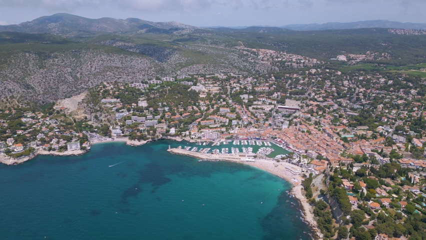 Aerial shot of Cassis town on the Mediterranean coast in Provence, France