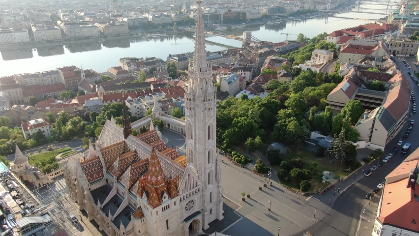 Aerial orbit shot of Matthias Church and Fisherman's Bastion, Budapest, Hungary Royalty-Free Stock Footage #1093532435