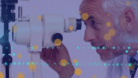 Animation of falling dots over caucasian eye doctor with patient. Global medicine, technology, data processing and digital interface concept digitally generated video.