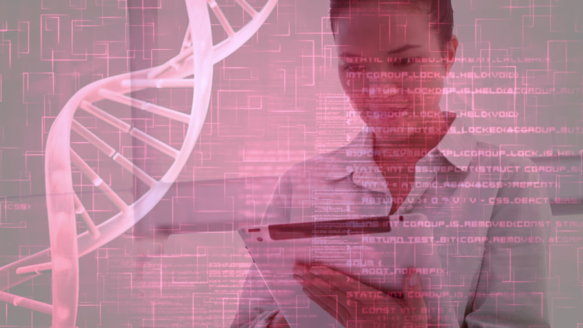 Animation of programming code and dna helix against chinese businesswoman using digital pc. Hologram, digital composite, multiple exposure, data, genetic, technology and office concept. - Powered by Shutterstock - Get 15% off with code: PIKWIZARD15