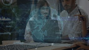 Caucasian coworkers discussing reports over laptop and digital globe, dots connecting with lines. Animation, digital composite, globalization teamwork, business, networking, data, technology concept. - Powered by Shutterstock - Get 15% off with code: PIKWIZARD15