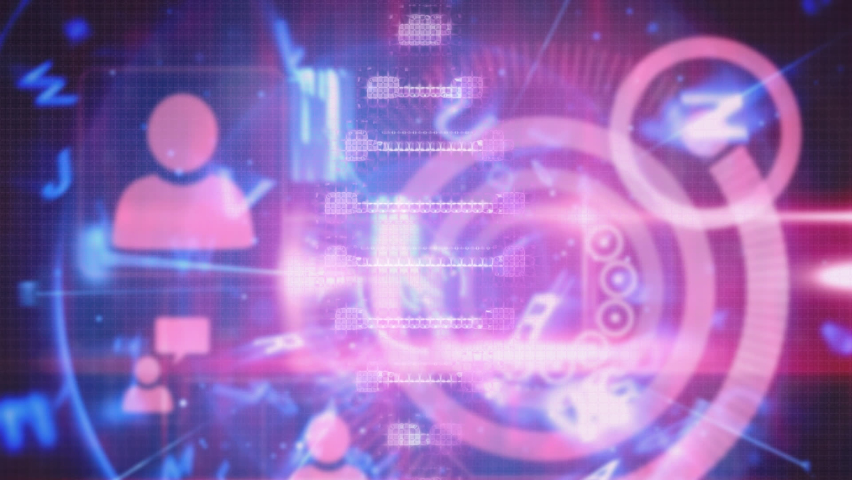 Animation of abstract pattern of rectangles, dna with profile icon, circles on digital interface. Digital composite, artificial intelligence, cloud computing, development, biotechnology.