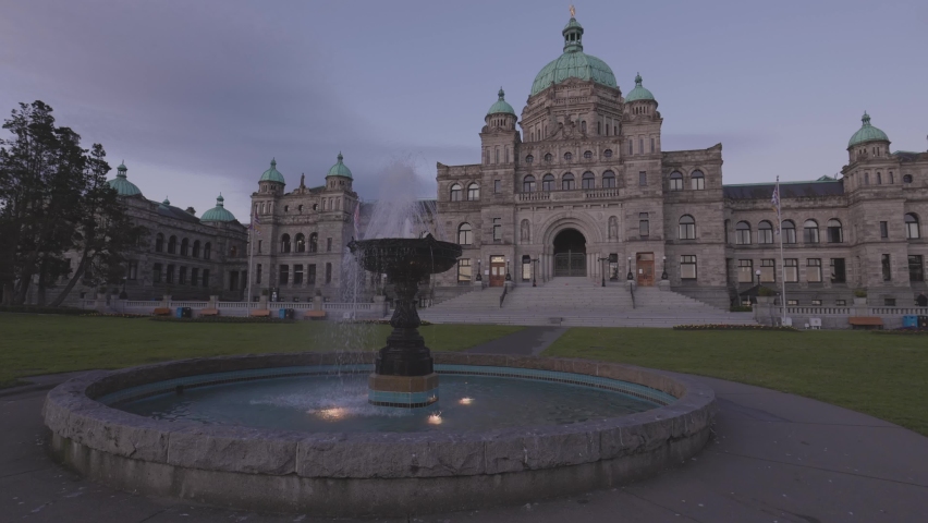 Legislative Assembly of British Columbia in the Capital City during colorful sunrise. Downtown Victoria, Vancouver Island, BC, Canada. Slow Motion