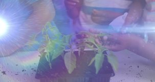 Animation of light trails over diverse schoolchildren holding plants. Global education and learning concept digitally generated video.