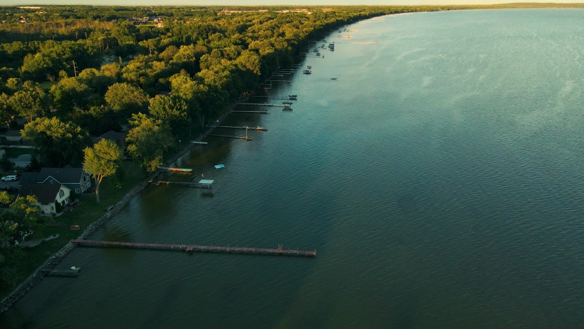 A slow hovering over the docks and piers on Lake Winnebago in central Wisconsin during the summer