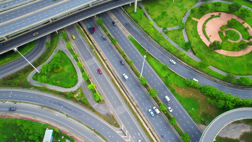 4K footage : aerial view from a drone flying over interchange for transportation concept. drone aerial top view. Urban cityscape concept. Nonthaburi, thailand.
 Royalty-Free Stock Footage #1093549447
