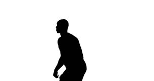 Video of black silhouette of male soccer player with ball isolated on white background. Soccer, football, sports and competition concept.