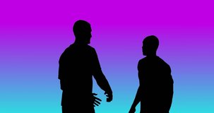 Video of black silhouettes of two male soccer players cheering on blue to purple background. Soccer, football, sports and competition concept.