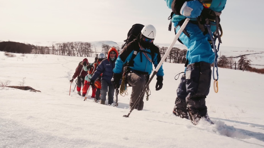 Friendly team of travellers pave the way through the snow and move forward, despite the cold weather. A group of backpackers, climbers on a trail, struggling. Winter landscape, outdoors, ground shot Royalty-Free Stock Footage #1093552621