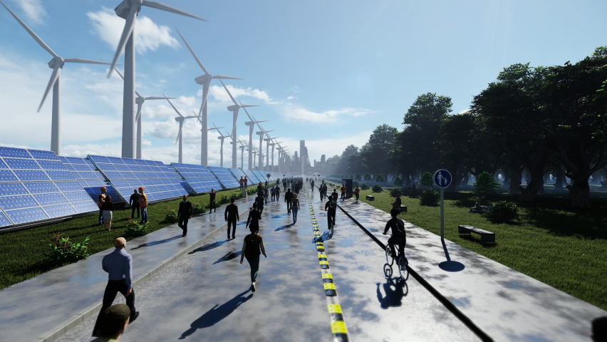 People walking towards green city electrified by wind turbines and solar panels, 4K | Shutterstock HD Video #1093555771