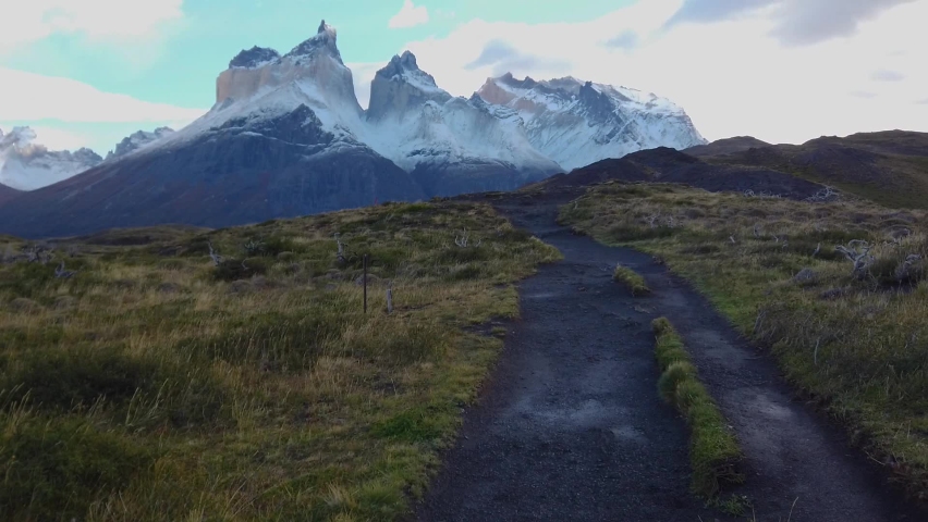 View of Mount Torres del Paine. Trekking in patagonia next to the Cerro Paine Grande mountain.