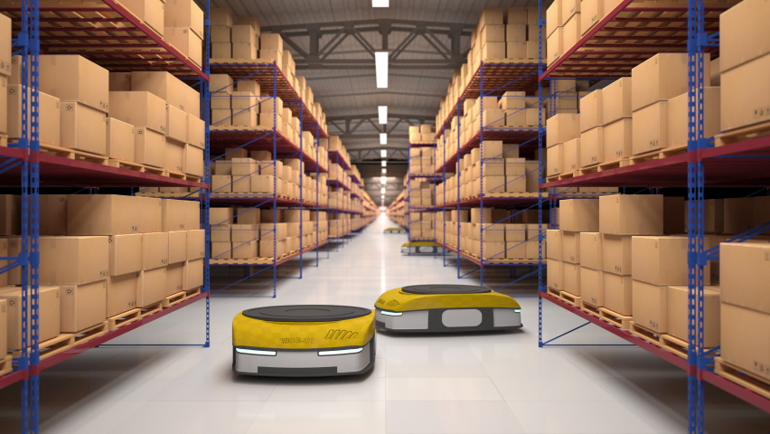 automatic robots moving boxes with cardboard boxes in digital warehouse ...