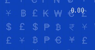 Animation of data processing over currency symbols. Global business and digital interface concept digitally generated video.