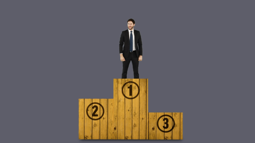 Animation of confetti over caucasian businessman on podium. Global business and digital interface concept digitally generated video.