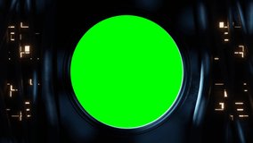 View of a round window with green screen background seen from inside a spaceship or sci-fi environment location with cables, light panels and moving illuminations. Looping video. 3D rendering