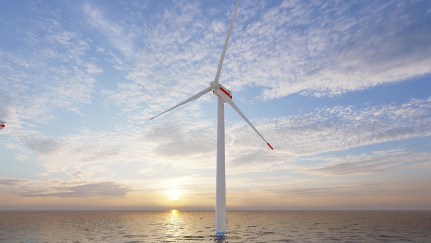 Windmill park. Offshore wind turbines farm on the ocean. Sustainable energy production. Green Energy, clean power, clean energy concept. Windmill turbine.