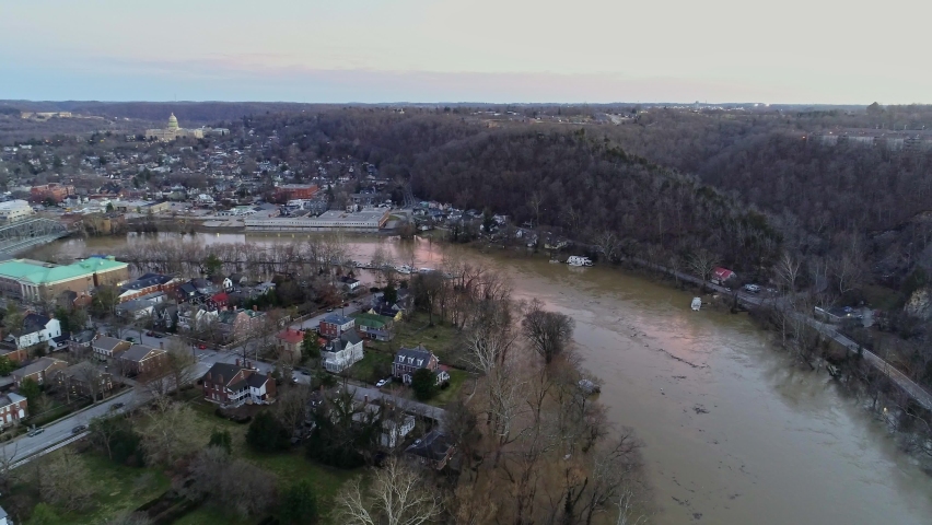 aerial landscape of downtown skyline in Frankfort Kentucky riverside residential neighborhood