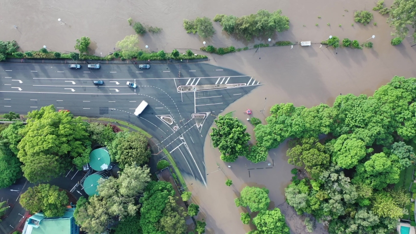 Top Down view of flooded road, Coronation Drive, Milton. Brisbane Floods Drone Video 2022 QLD AUS