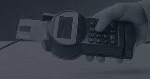 Animation of financial data processing with graph over hand holding cashier terminal. Global business, finances and digital interface concept digitally generated video.