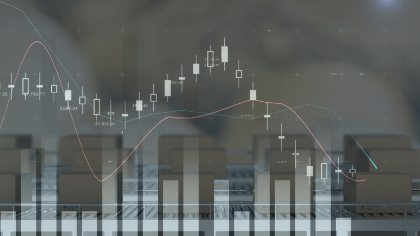 Animation of graphs on digital interface, cardboard boxes moving on conveyer belt in factory. Digital composite, multiple exposure, technology, business, progress, supply and demand, manufacturing. - Powered by Shutterstock - Get 15% off with code: PIKWIZARD15