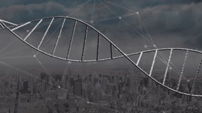 Animation of dna structure spinning over network of connections against aerial view of cityscape. Medical research and business networking technology concept - Powered by Shutterstock - Get 15% off with code: PIKWIZARD15