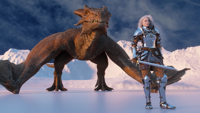 White haired female warrior knight stands with a drawn sword and a dragon behind against the backdrop of snow capped mountains. Fantasy artwork scene. CGI animation 3d rendering