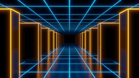 Abstract retro synthwave blue and orange neon tunnel with data servers 3d render. 3D Illustration - Powered by Shutterstock - Get 15% off with code: PIKWIZARD15