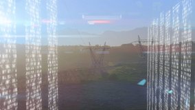 Animation of data processing over pylons. Global technology, finances and digital interface concept digitally generated video.