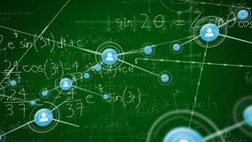 Animation of network of connections with icons over mathematical equations on green background. Global connections, computing and digital interface concept digitally generated video. - Powered by Shutterstock - Get 15% off with code: PIKWIZARD15