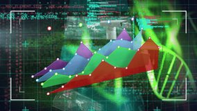 Animation of graph over data processing and dna strands on black background. Global technology, computing and digital interface concept digitally generated video. - Powered by Shutterstock - Get 15% off with code: PIKWIZARD15