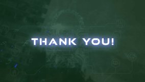 Animation of thank you text and cyber attack warning over cityscape. Global social media, online security and digital interface concept digitally generated video. - Powered by Shutterstock - Get 15% off with code: PIKWIZARD15