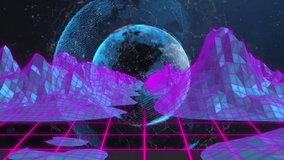 Animation of data processing over globe and digital mountains on black background. Global technology, computing and digital interface concept digitally generated video.