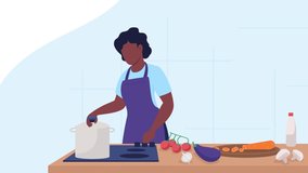 Animated culinary class illustration. Look at boiling water in pot. Food preparation. Cooking workshop. Looped flat color 2D cartoon character animation video in 4k with interior on background