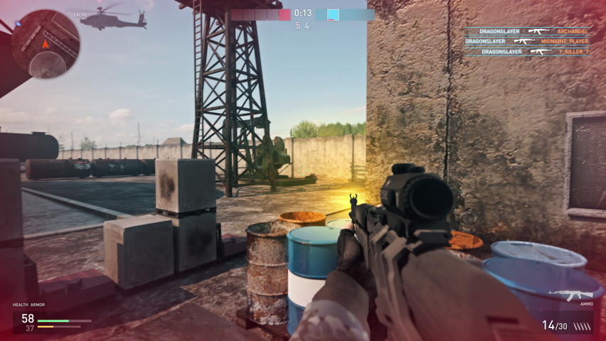 Playing the modern military shooter simulator mission. Playing the competitive mode in the military shooter game. Playing with a heavy military rifle in the shooter game to achieve a victory. FPS
