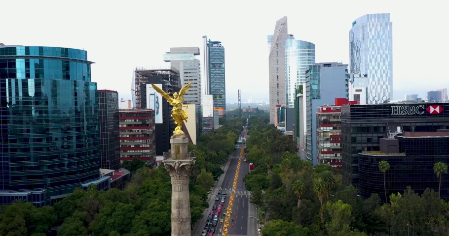 Mexico City, CDMX, Mexico, OCT, 16 2021, El Ángel de la Independencia drone view, landmark in Mexico City, sky with clouds