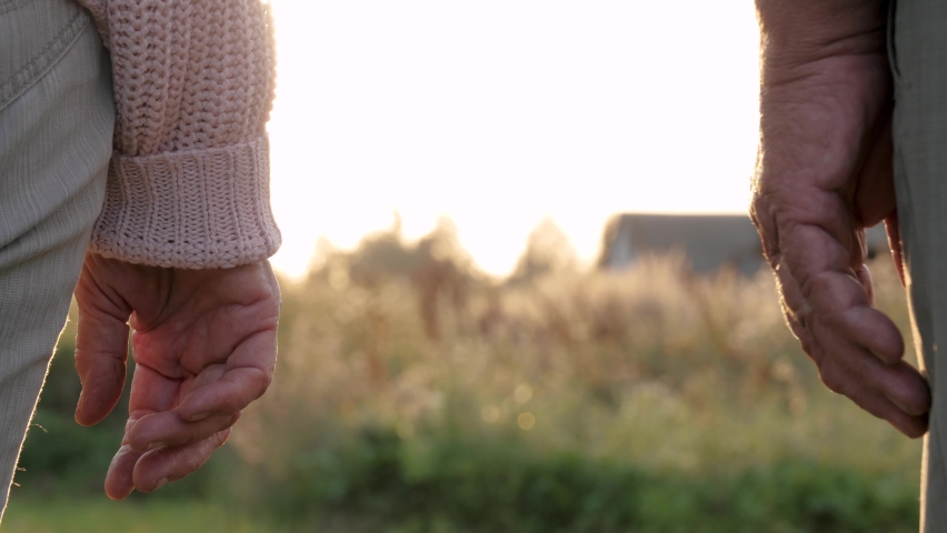 Close up unrecognizable of hands of elderly old people with wrinkles. Married couple of old people holding hands. Helping hand and support, feeling of love. Summer evening in park against sunset rays Royalty-Free Stock Footage #1093601587