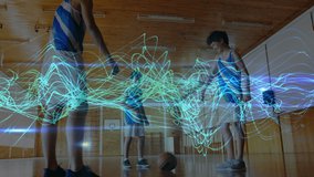 Animation of wavy lines over diverse teenage basketball team training. Basketball, sport, school team and technology concept digitally generated video. - Powered by Shutterstock - Get 15% off with code: PIKWIZARD15